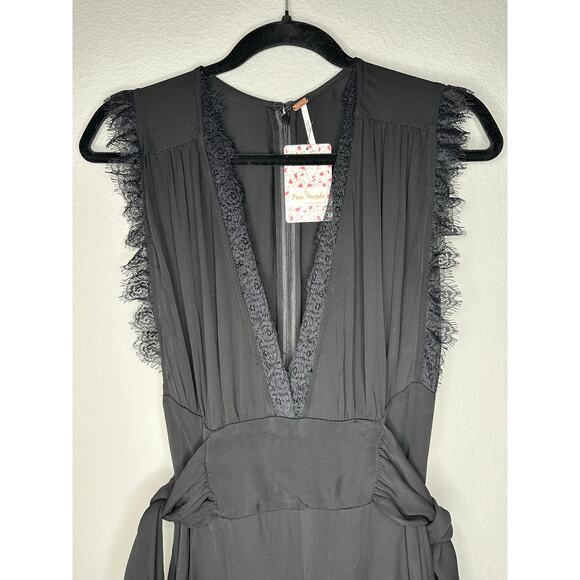 FREE PEOPLE CEM Black Sleeveless Lace Trim Deep V Cinch Waist Wide Leg Jumpsuit - Picture 9 of 14